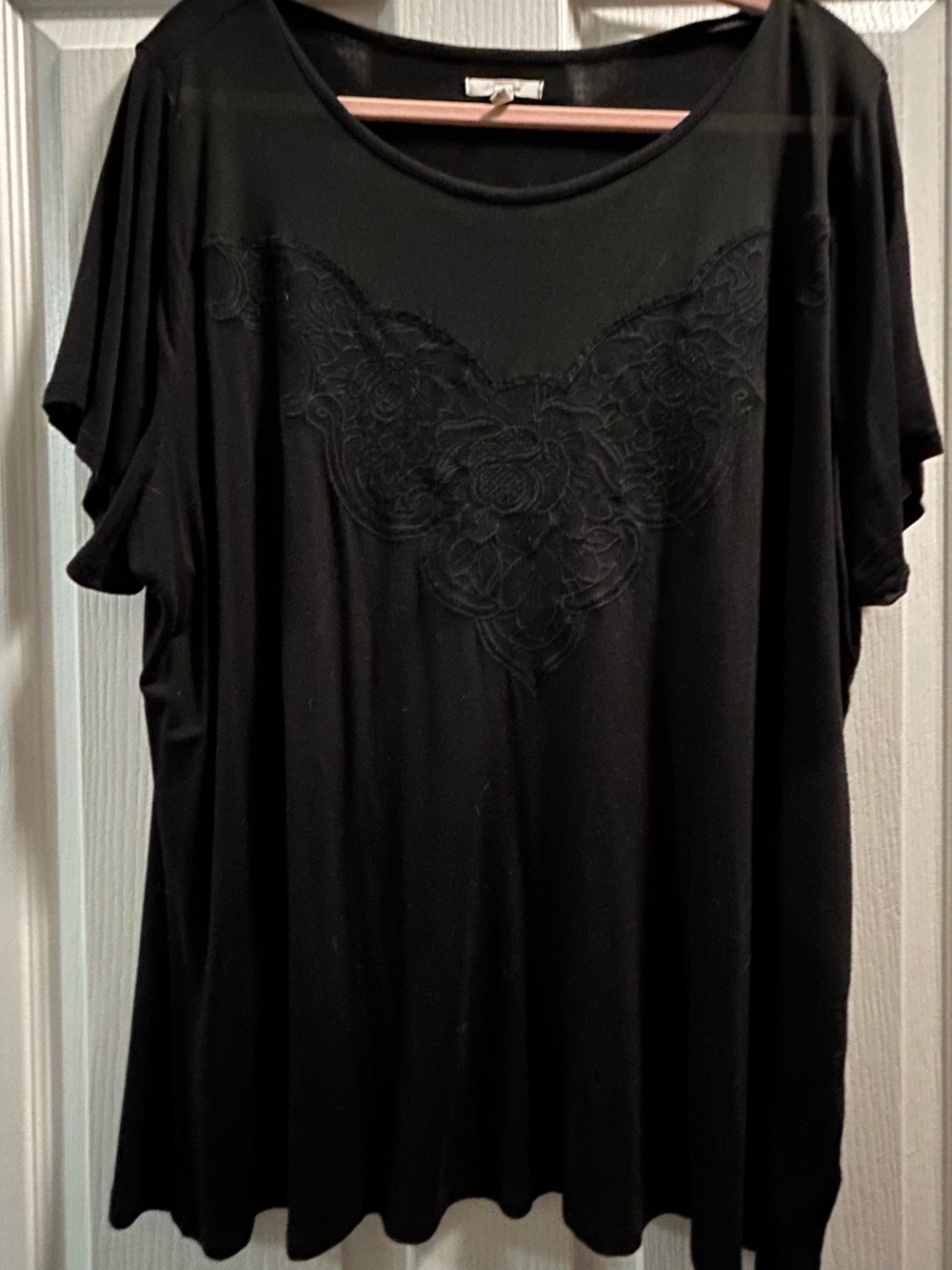 Maurices Black Short-Sleeve Top with Embroidered Front